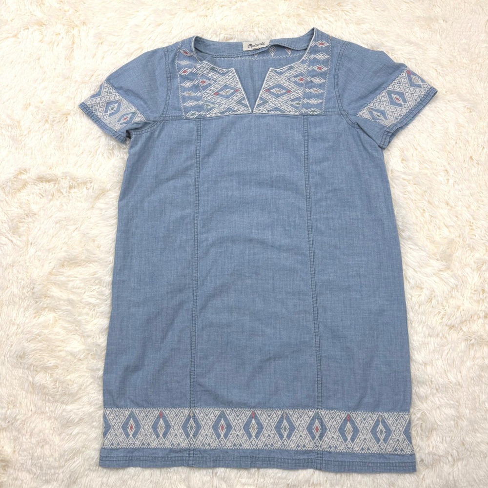 Madewell Shift Dress Womens Medium Blue Embroidered Chambray Short Sleeve Boho